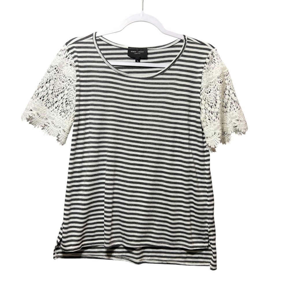 Romeo + Juliet Couture Stripe Lace Sleeve‎ Top Large Boho Made in USA